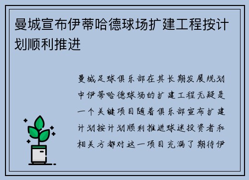 曼城宣布伊蒂哈德球场扩建工程按计划顺利推进 曼城宣布伊蒂哈德球场扩建工程按计划顺利推进